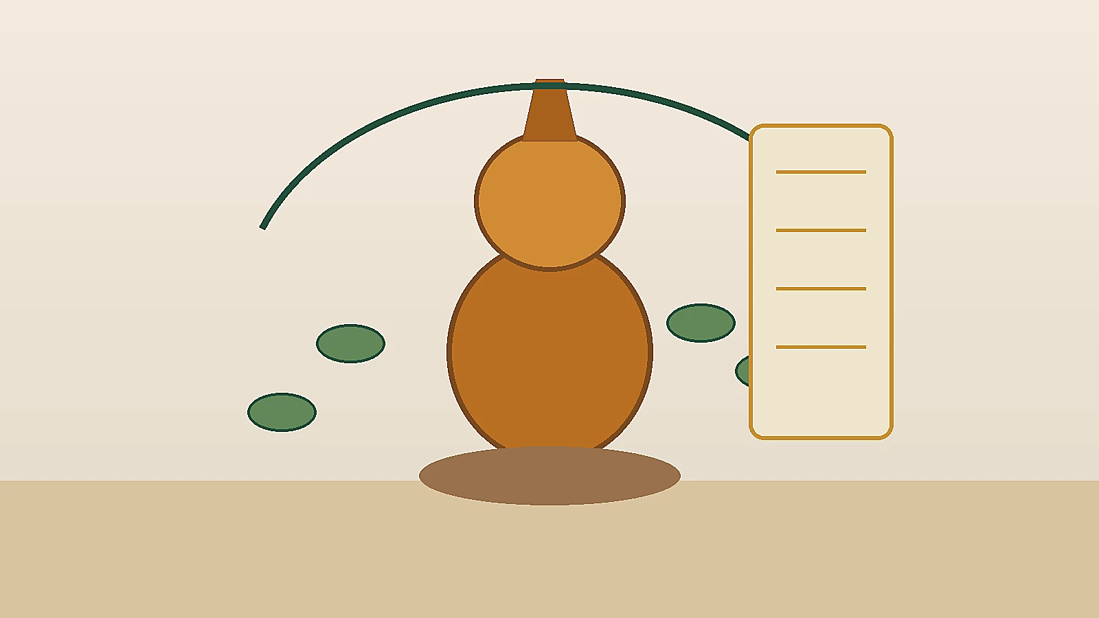Stylized hulu gourd on warm paper with vine patterns for a Chinese symbolism guide