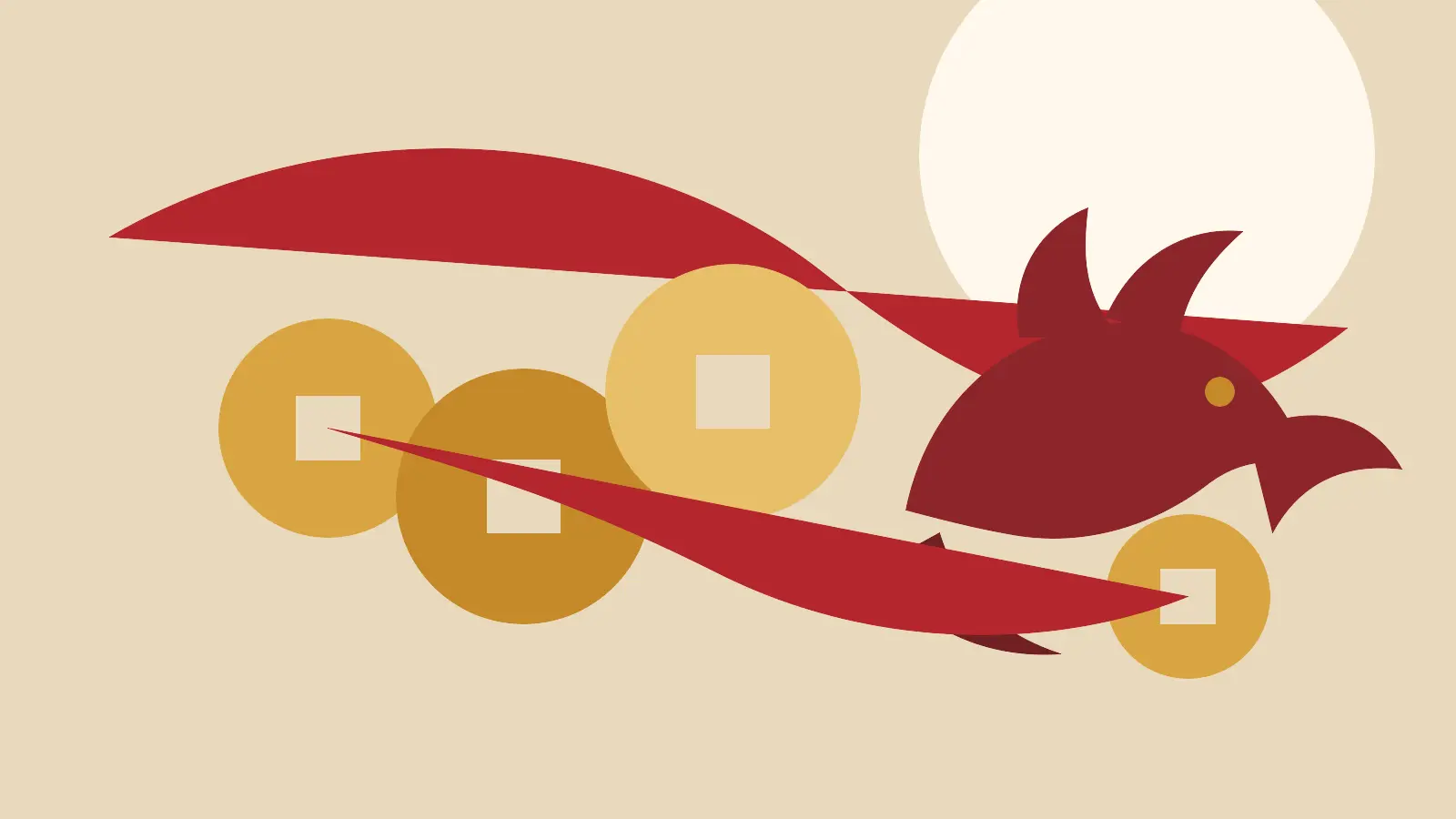 Abstract red Pixiu-inspired guardian form with Chinese square-hole coins for a cultural symbolism guide